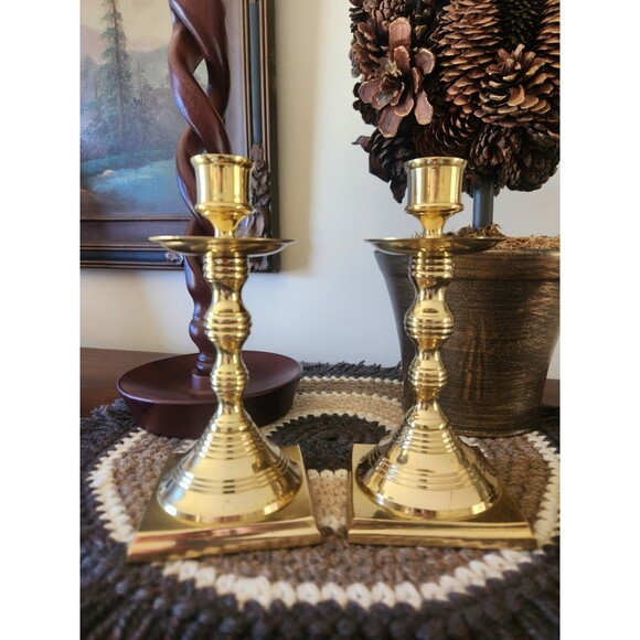Brass Candlestick Vintage Heavy Tapered  Set Of 2Candle Holder Square Base  6.5" - Picture 1 of 7